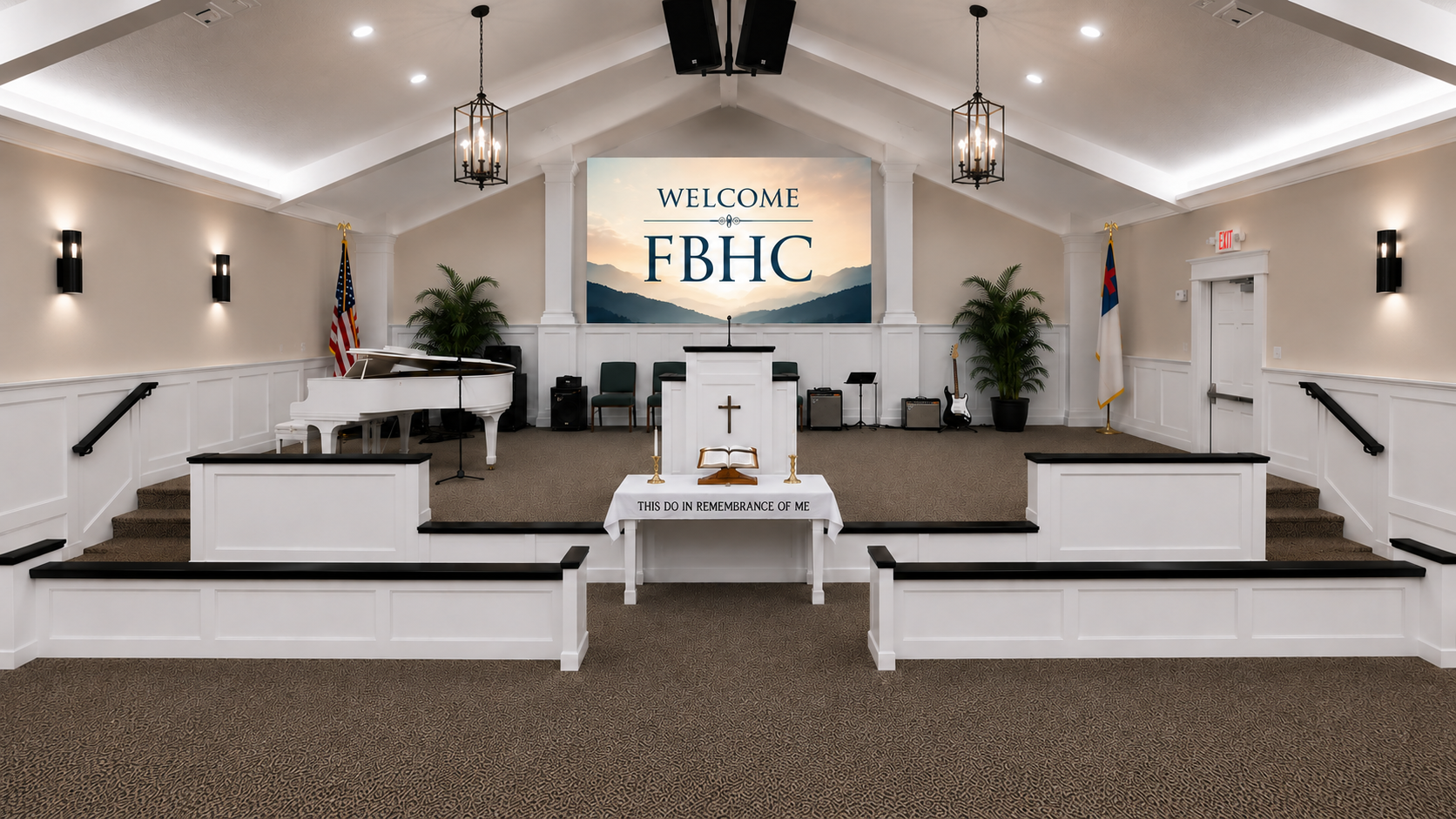 Frankfort Bible Holiness Church sanctuary with the pulpit, communion table, and piano